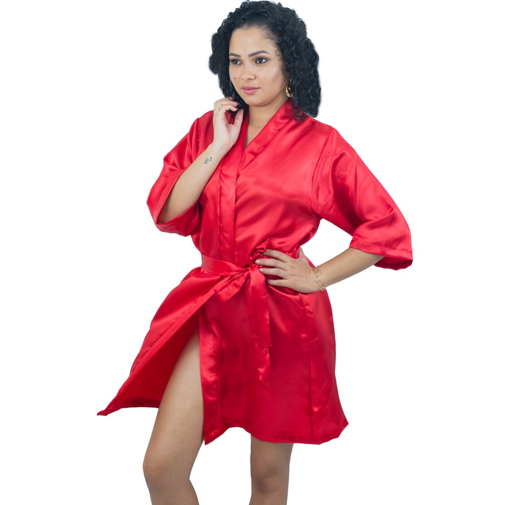 Robe Feminino De Cetim Elastano Manga Vermelho