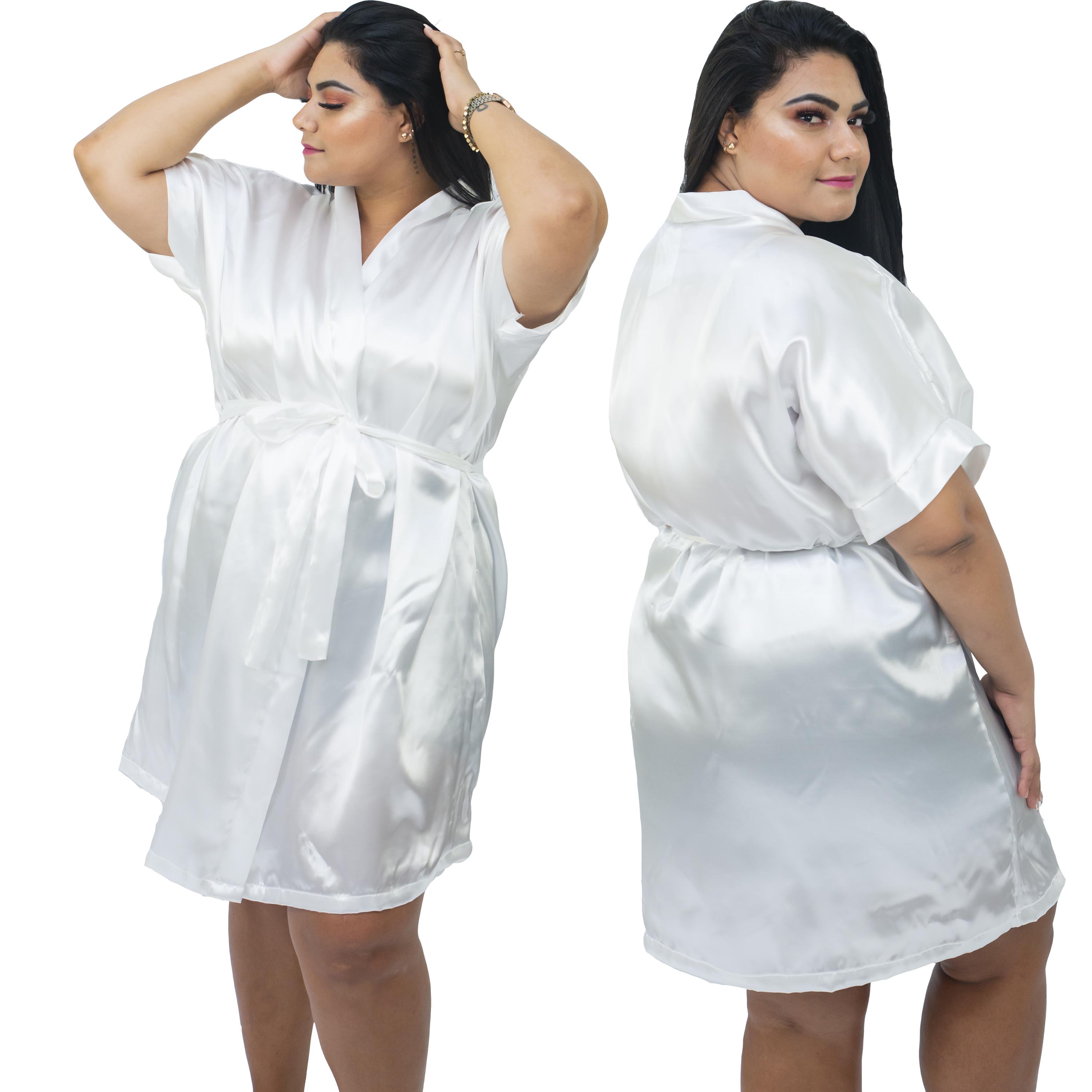 Robe Feminino Roupão Plus Size De Cetim Elastano 48 50 52 e 54 Branco