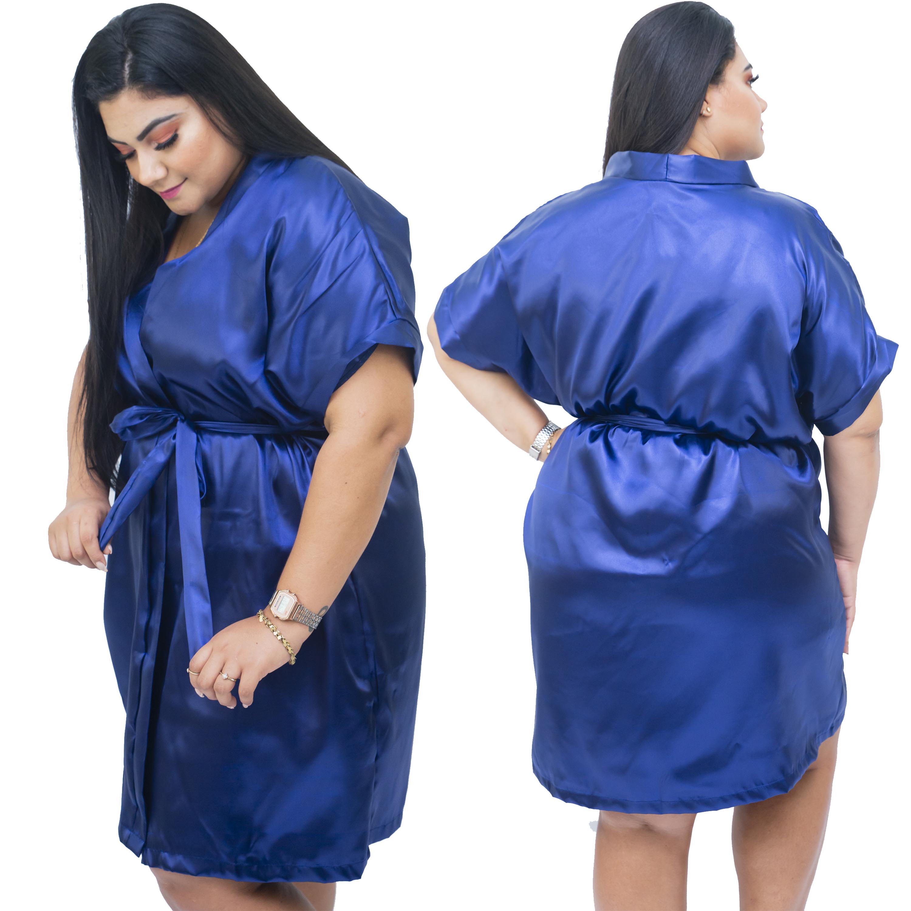 Robe Feminino Roupão Plus Size De Cetim Com Elastano 48 50 52 E 54 Azul