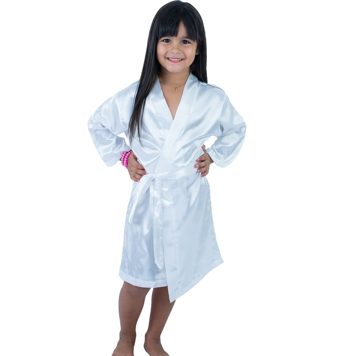 Robe Infantil Feminino Roupão  de Cetim Com Elastano Manga Longa Branco 