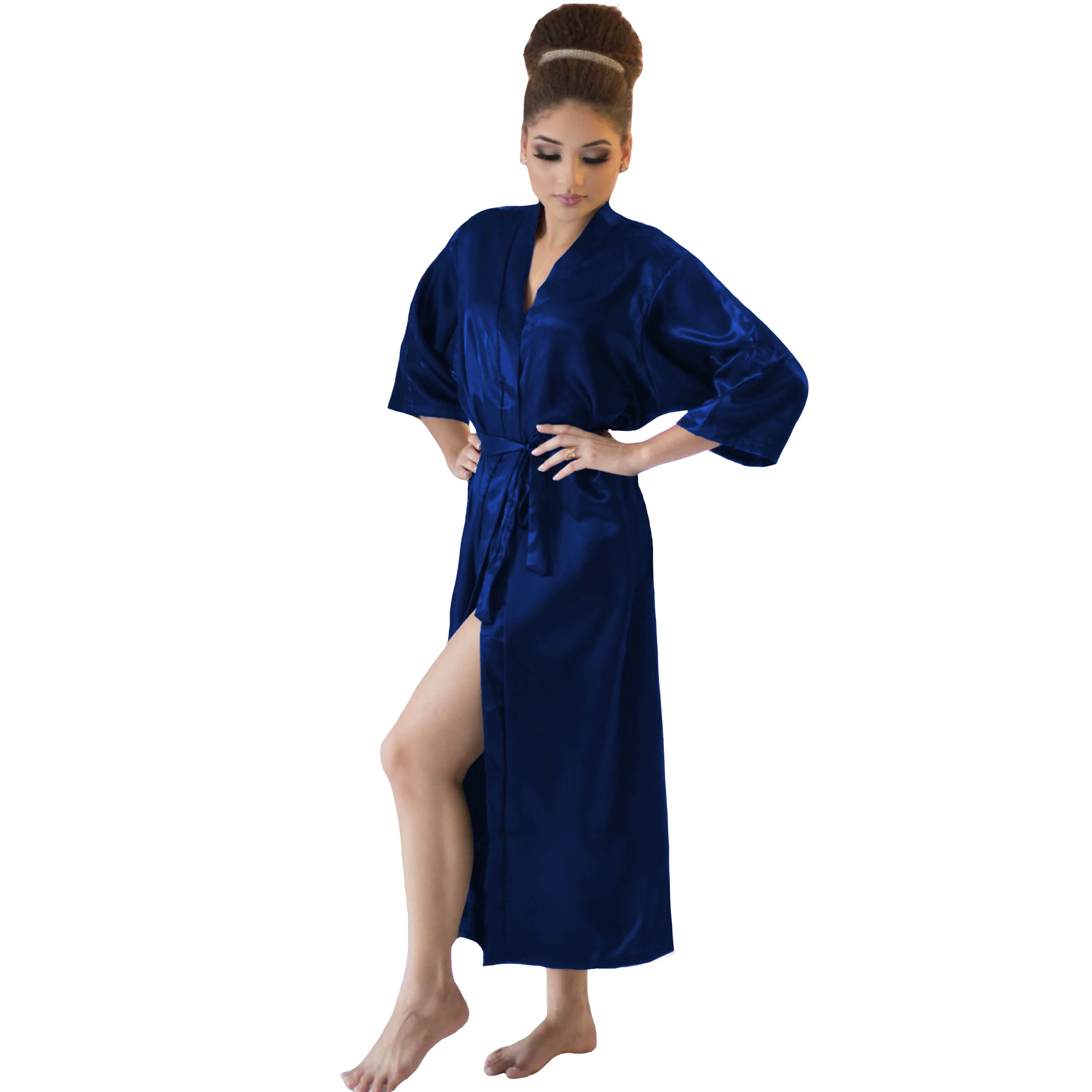 Robe Longo de Cetim Feminino Manga 3/4 Cor Azul Marinho
