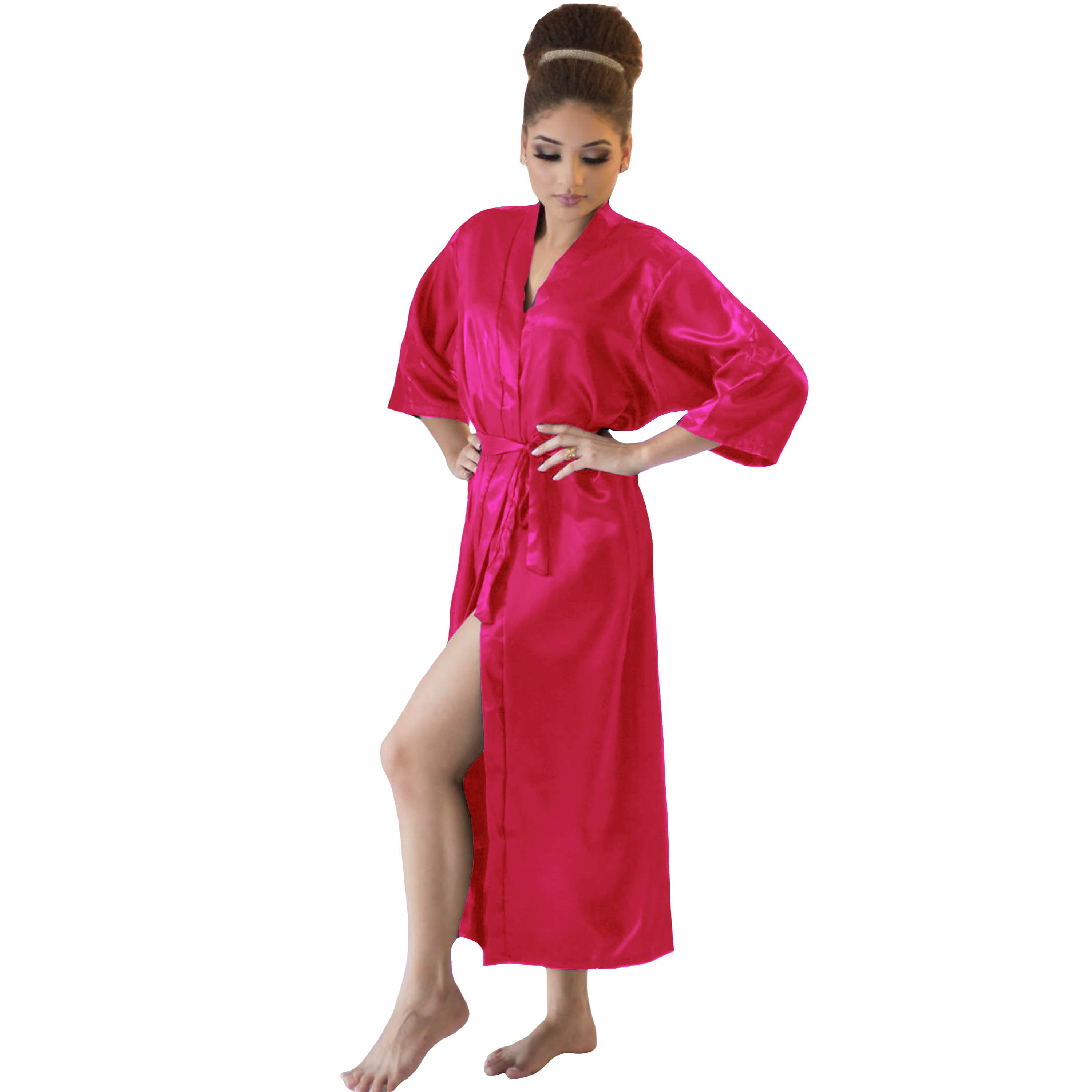 Robe Longo de Cetim Feminino Manga 3/4 Cor Rosa Pink