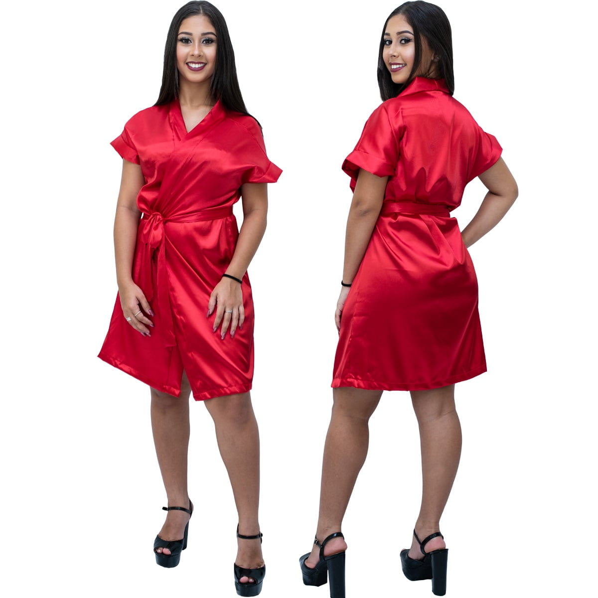 Robe Feminino de Cetim Com Elastano Manga Curta Cor Vermelho Ferrari 460 