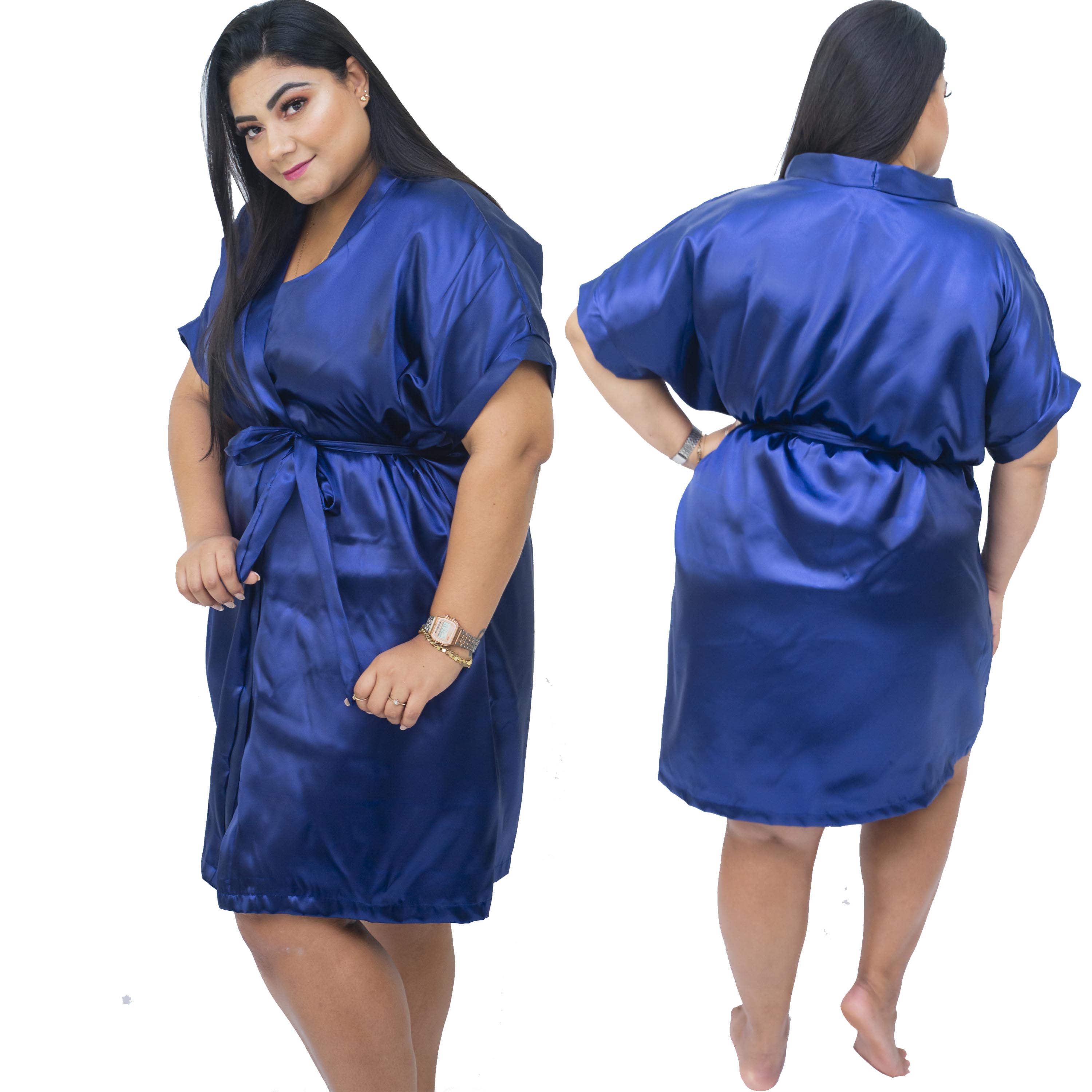 Robe de Cetim Feminino Plus Size 48 50 52 e 54 Azul Marinho