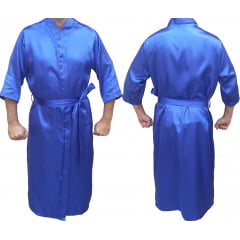 Robe Roupão de Cetim Com Elastano  Masculino Manga 3/4 Quimono Azul Royal