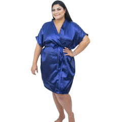 Robe Feminino Roupão Plus Size  De Cetim Com Elastano Azul Marinho Tamanho 48 50 52 e 54