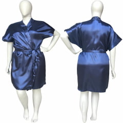 Robe Feminino Roupão Plus Size De Cetim Com Elastano 48 50 52 e 54 Azul Marinho