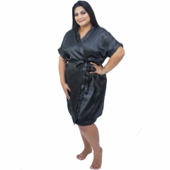 Robe Feminino Roupão Plus Size De Cetim Com Elastano Preto Tamanho 48 50 52 e 54 