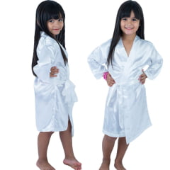 Robe Infantil Feminino Roupão  de Cetim Com Elastano Manga Longa Branco 