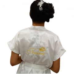 Robe Cetim Feminino Branco Bordado Personalizado Noiva com Mini Coroa 