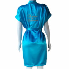 Robe Cetim Feminino Roupão Bordado Amiga da debutante Azul Danúbio com bordado Dourado