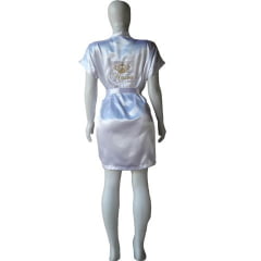 Robe para Noiva de Cetim Feminino Roupão Robi Branco Bordado Noiva com Coroa 