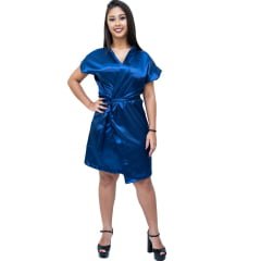 Robe Feminino de Cetim Com Elastano Manga Curta Cor Azul Marinho 