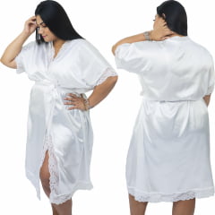 Robe de Cetim Feminino com Renda completo  Plus Size 48 50 52 e 54 Branco 
